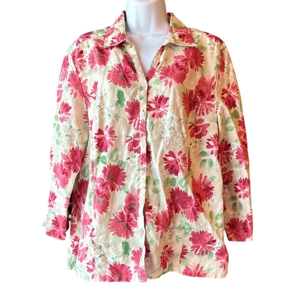 JM Collection Tops - JM Collection 100% Linen Floral Button Front Top Blouse‎ Women's Size 14